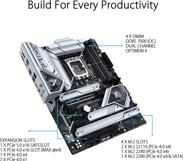 ASUS Prime Z790-A WIFI - Bundkort - ATX - LGA1700 sokkel - Z790 Chipset - USB-C 3.2 Gen 2x2, USB-C 3.2 Gen2, USB 3.2 Gen 1, USB 3.2 Gen 2 - 2.5 Gigabit LAN, Wi-Fi 6, Bluetooth - onboard grafik (CPU påkrævet) - HD Audio (8-kanaler)