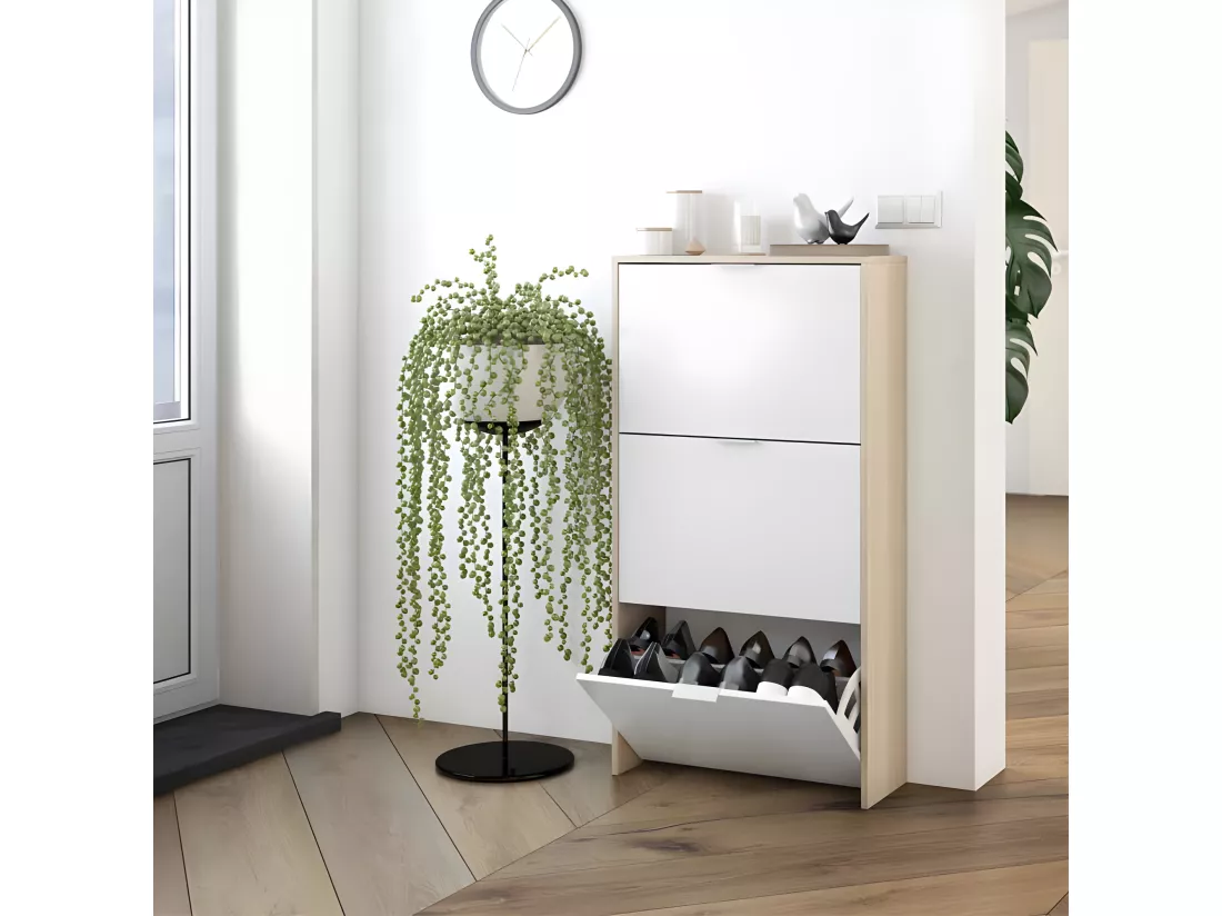 Meuble à chaussures Chêne/Blanc brillant - TIARALA - L 60 x l 22 x H 113 cm