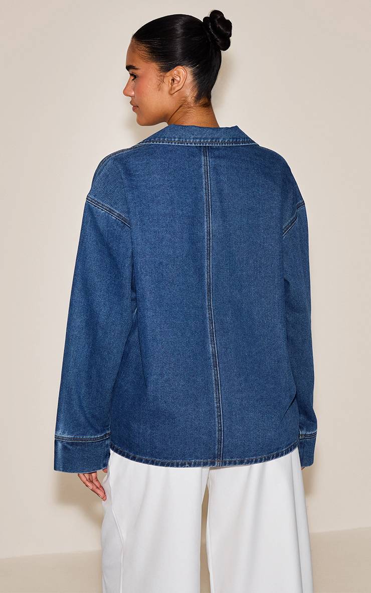 Mid Blue Wash Chemise De Rugby Oversize En Denim À Manches Longues