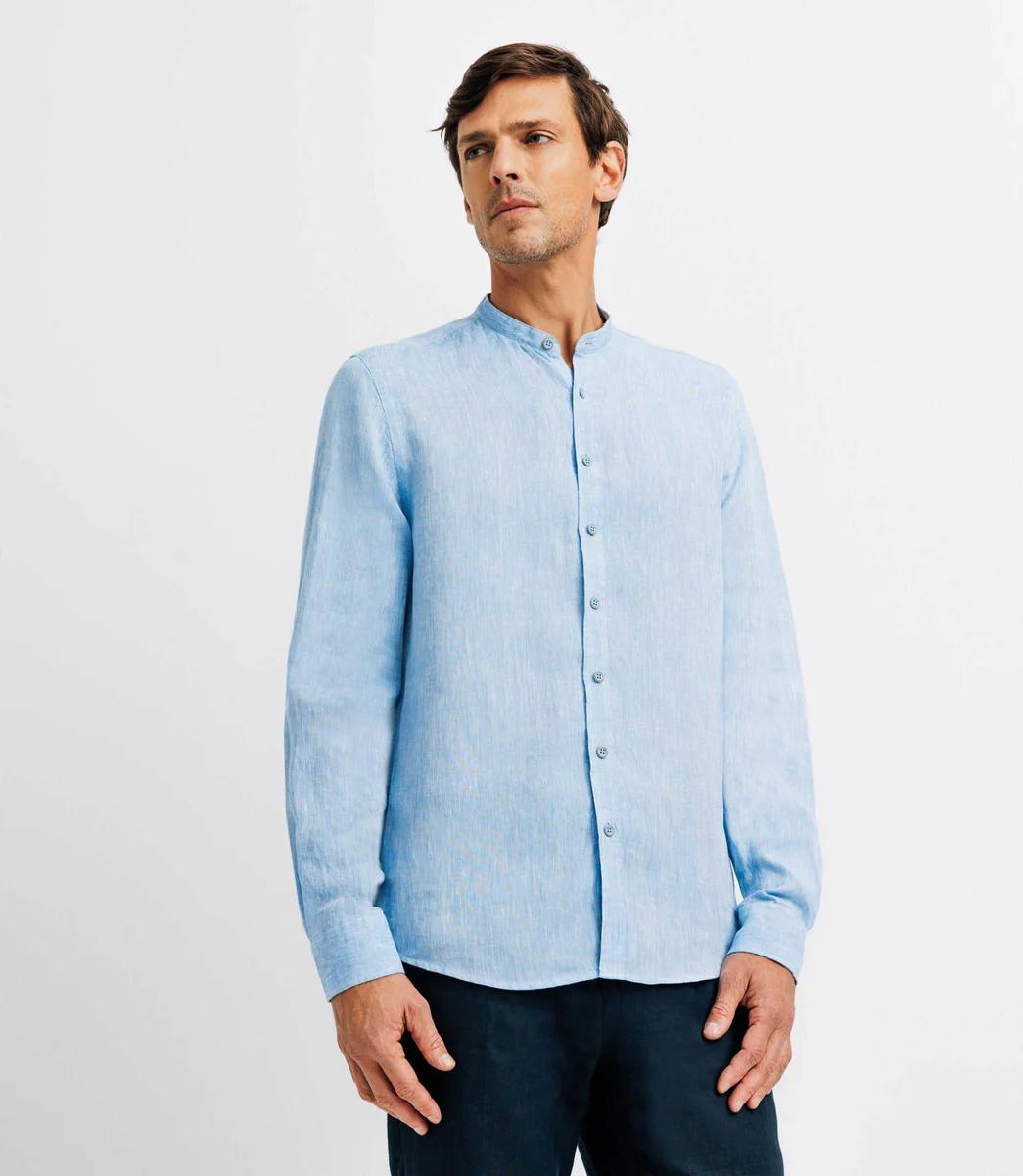 Chemise en lin col mao indigo