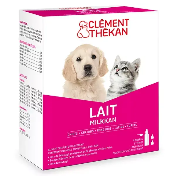 Leite em pó Clement Thekan para filhotes de cães e gatos + mamadeira e bicos 400g