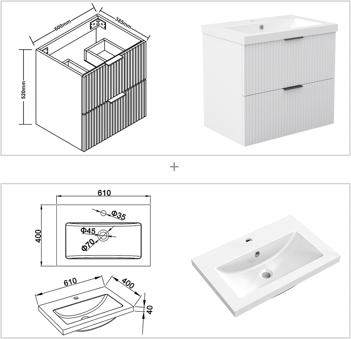 Aica Sanitär Waschtisch mit Unterschrank 60cm Riva Badmöbel Set Weiß Waschbecken mit Unterschrank MDF Softclose