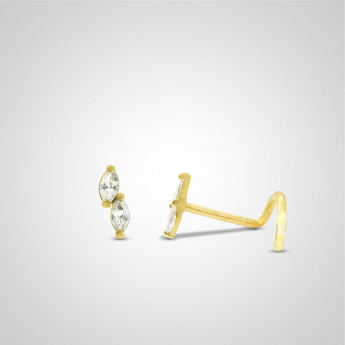 Piercing de nez double zircon or jaune barre en U