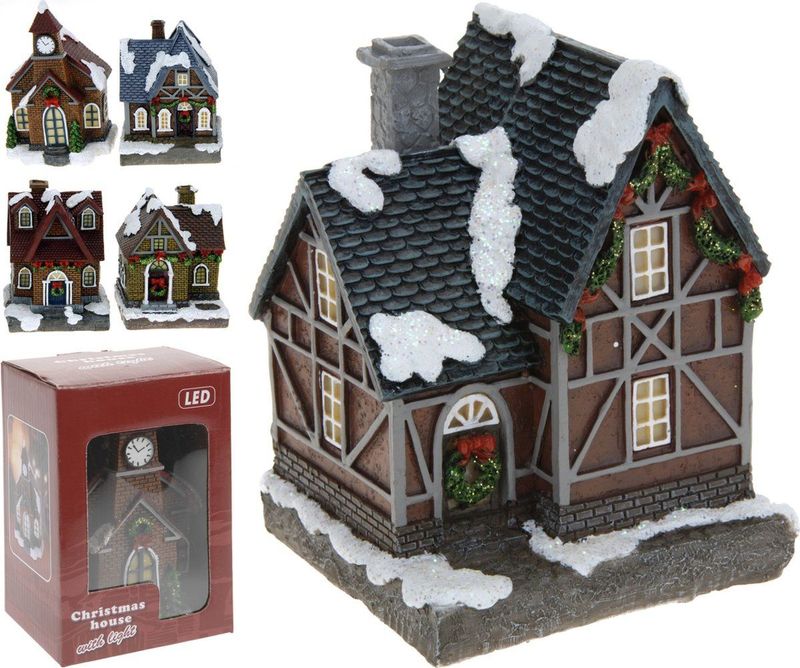 1x Polystone kersthuisjes/kerstdorpje huisjes gele stenen met verlichting 13,5 cm - Kerstdorp onderdelen - Verlichte kersthuisjes