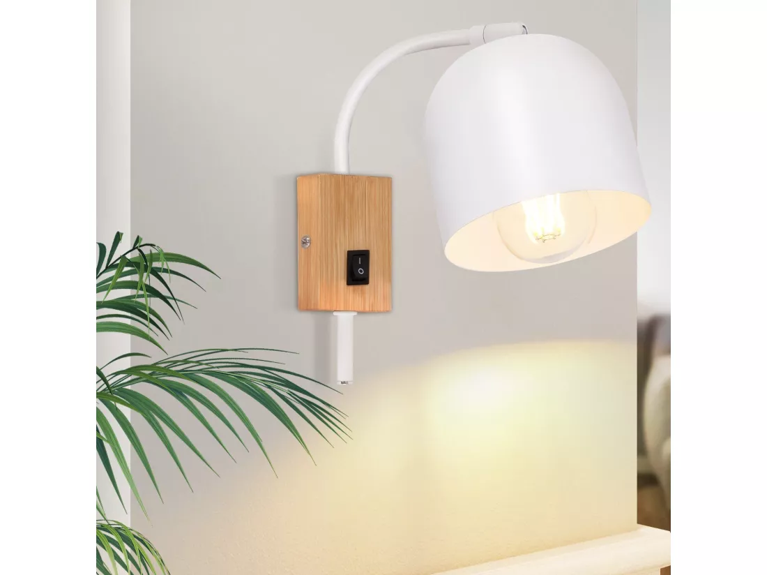 NETTLIFE Applique murale en bois avec interrupteur - Spot mural 1 flamme E27 Blanc Lampe de couloir 330° ,Sans ampoule