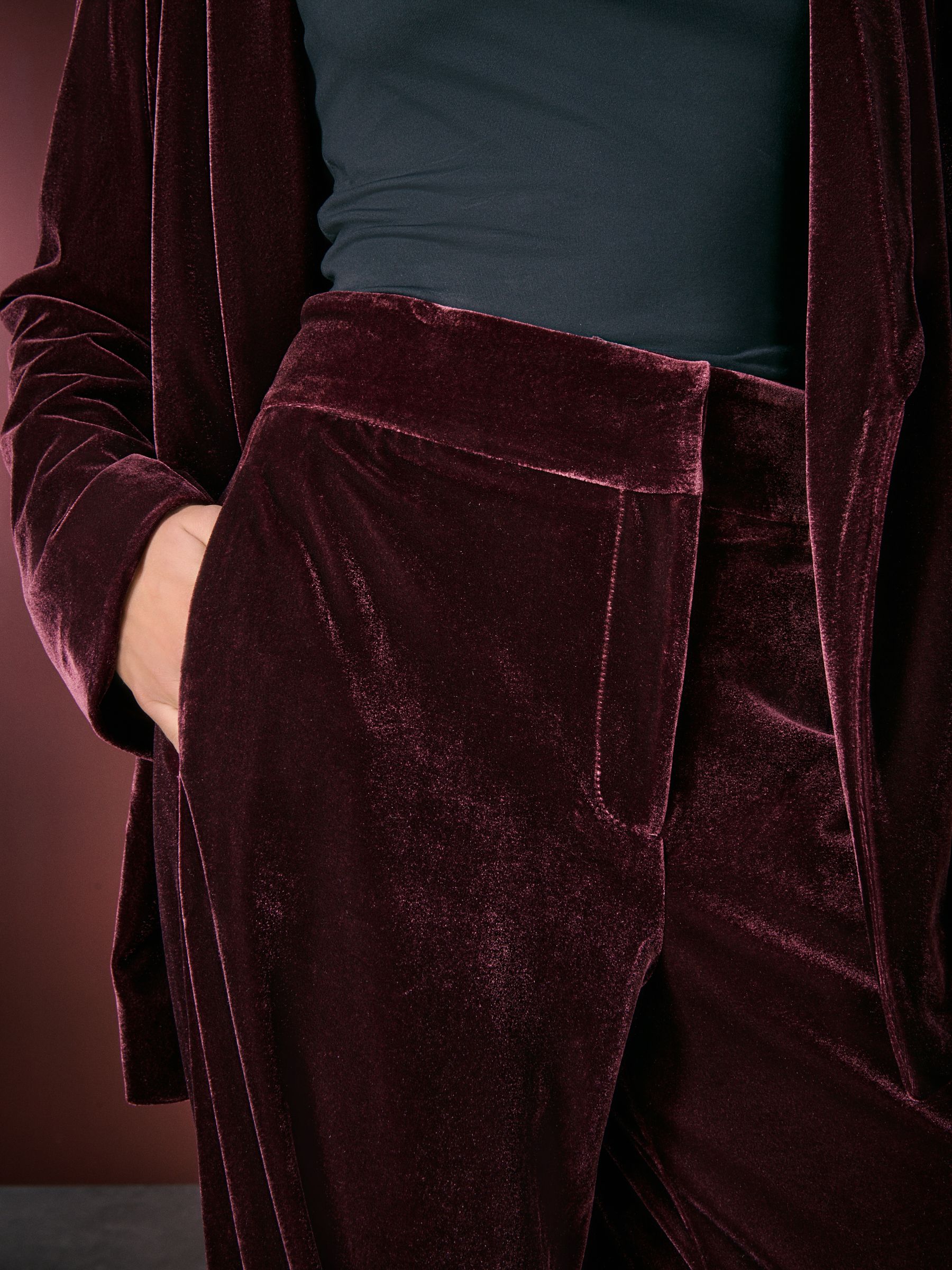 Bordeauxrood - Velvet Elastic Back Wide Leg Trousers