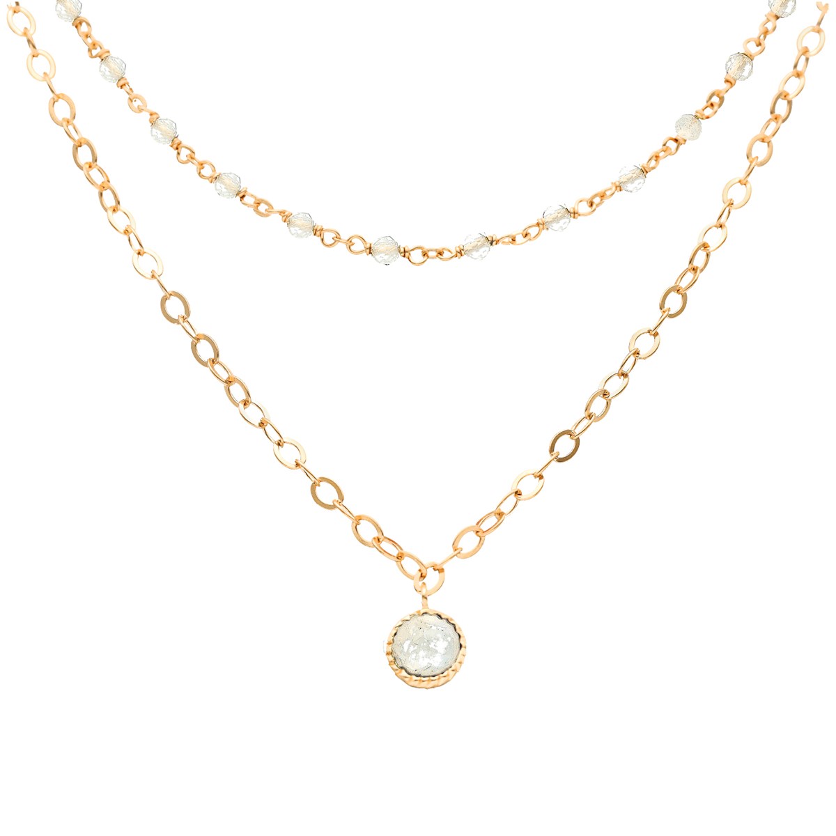 Collier Argent Doré Double Chaine Pampille Et Pierres De Lune Naturelles Blanche