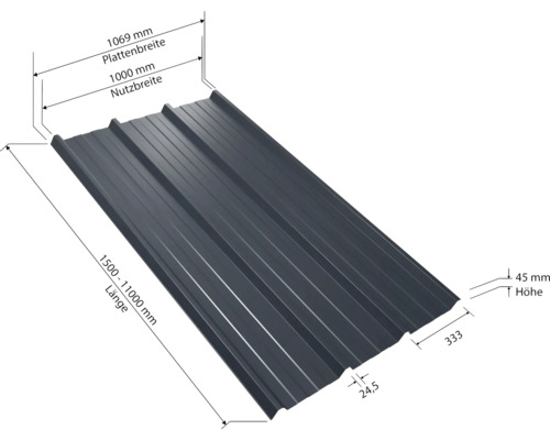 PRECIT trapeziumvormige dakbaan met anticondensvlies W45LV antracietgrijs RAL 7016, vaste breedte 1075 mm x dikte 0,5 mm (verkocht per meter van 150 tot max. 900 cm)
