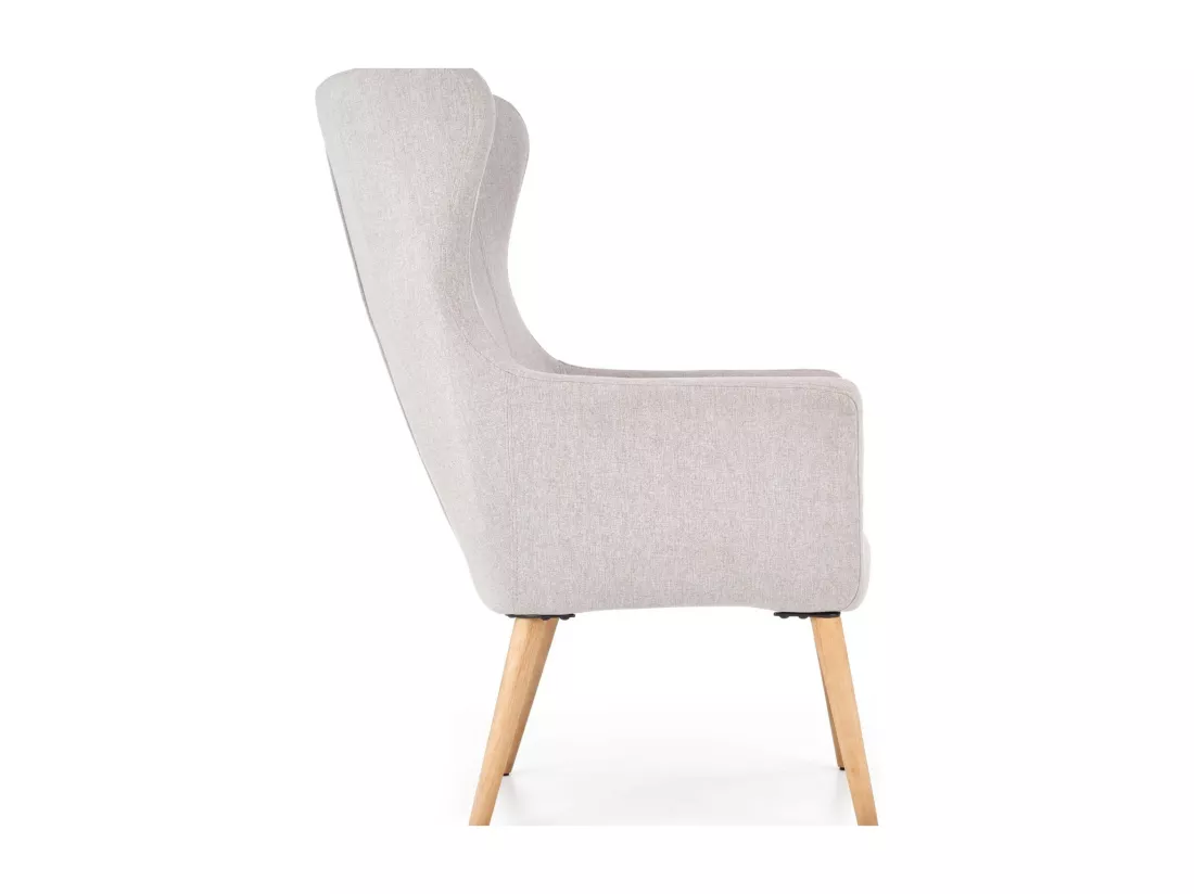 Fauteuil rembourré en tissu gris clair avec dossier haut et pieds en bois de caoutchouc WISH