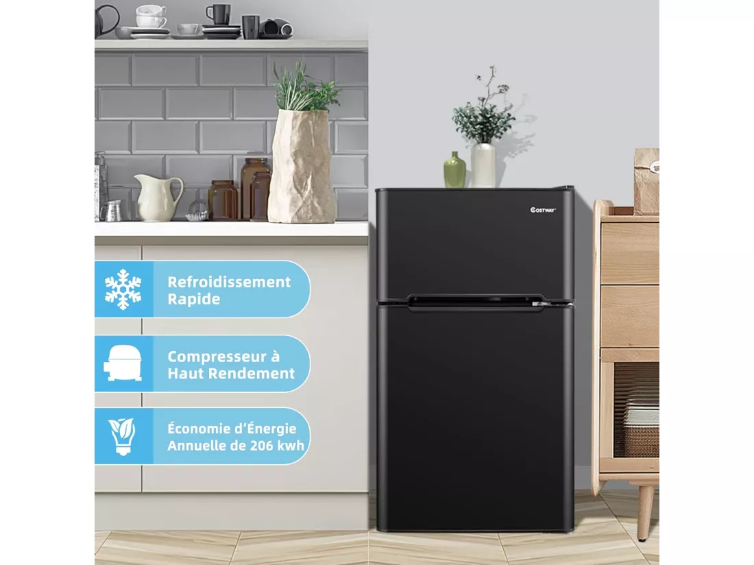Réfrigérateur à Double Porte 90 L, Réfrigération Rapide, Économie d'énergie, Réfrigérateur en Métal avec 7 Niveaux de Température (Noir) [Classe énergétique E]