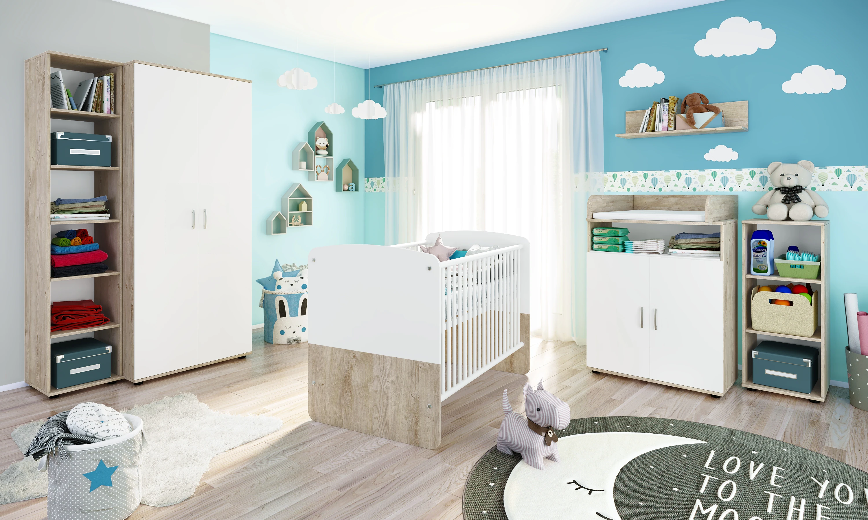 nonjoo. Babyzimmer Lani Set 6: best. aus Babybett, Kommode, Wickelaufsatz, Wandboard, Regal mit 3 Fächern, Regal mit 6 Fächern und Kleiderschrank 2-trg.