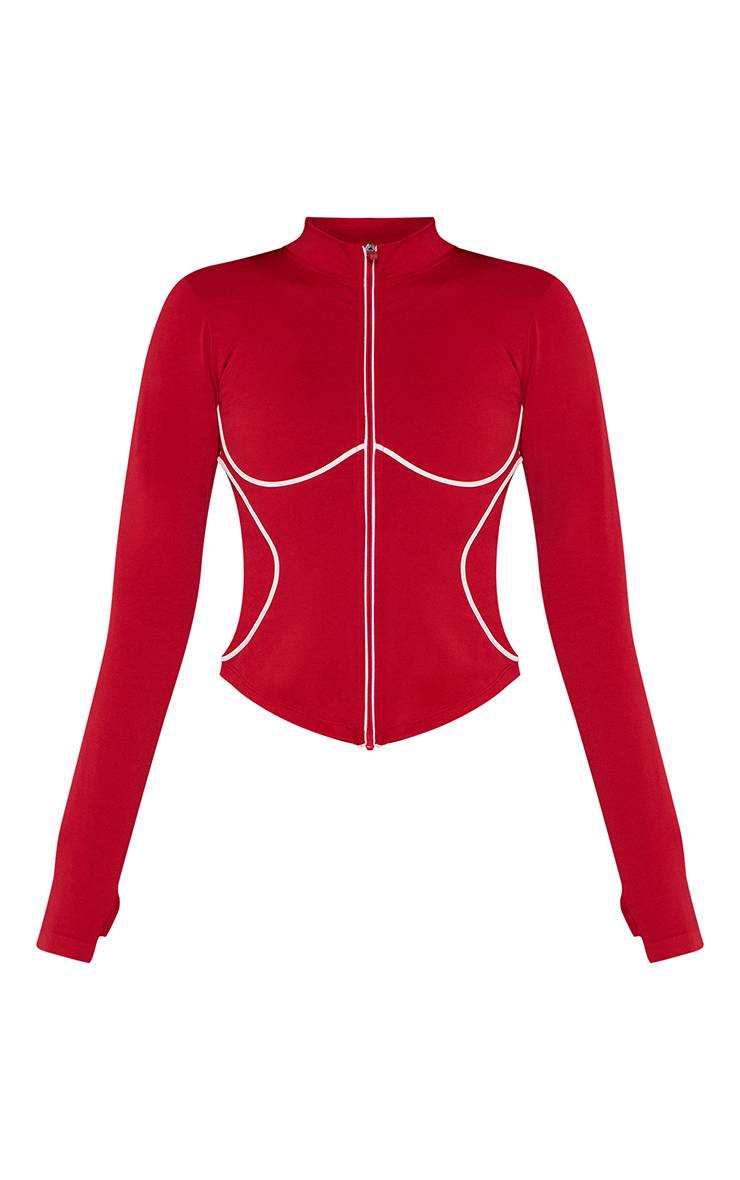 Rouge Veste Sans Couture Gris Chiné À Surpiqûres Contrastées