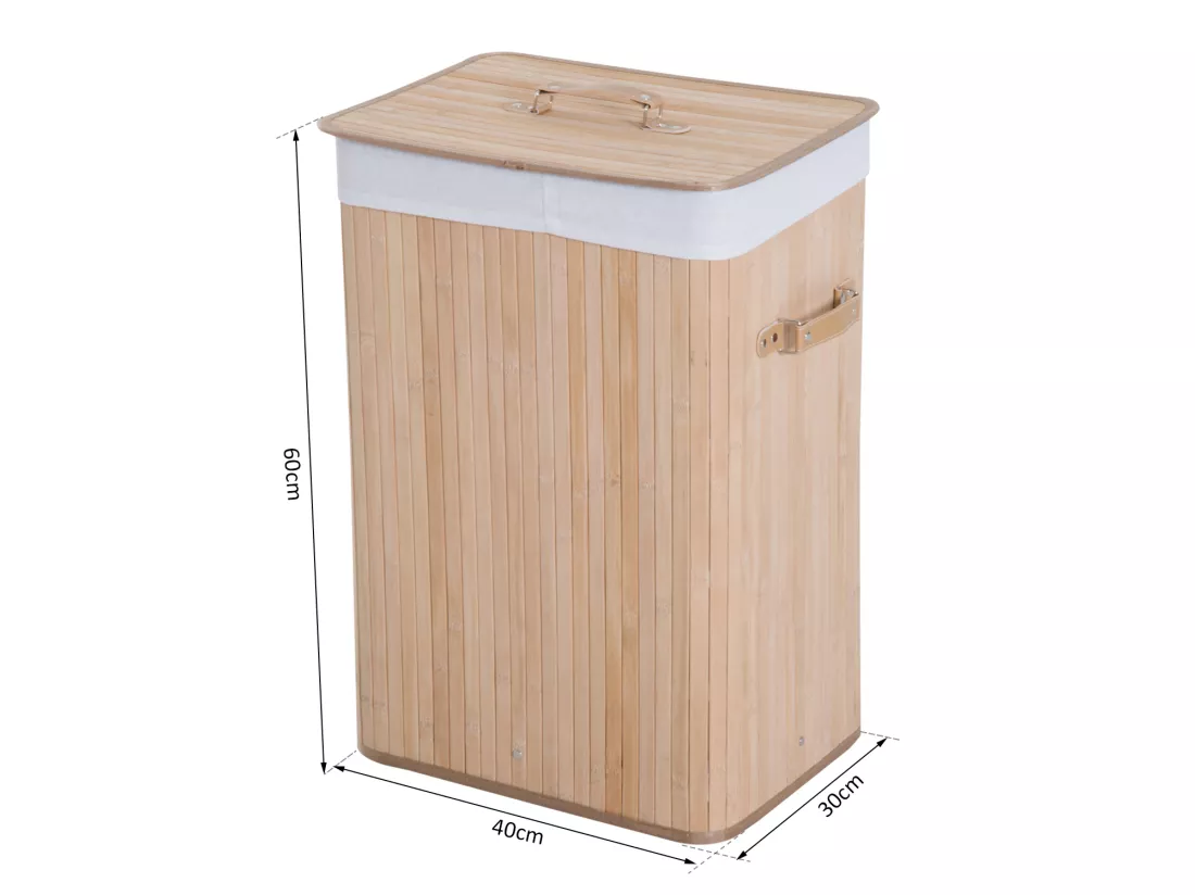 Panier à linge corbeille à linge bac à linge bambou pliable couvercle sac amovible 3 poignées PU 40L x 30l x 60H cm beige