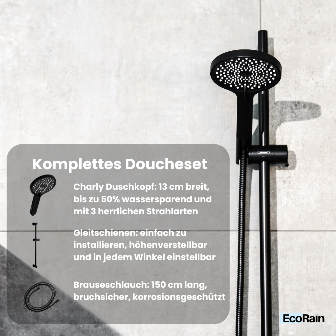 EcoRain Charly Waterbesparende Doucheset met 13 cm Handdouche zonder Thermostaatmengkraan, Zwart - 50% Waterbesparende Doucheset - Universeel - RVS Regendoucheset - Antikalk Douchekop