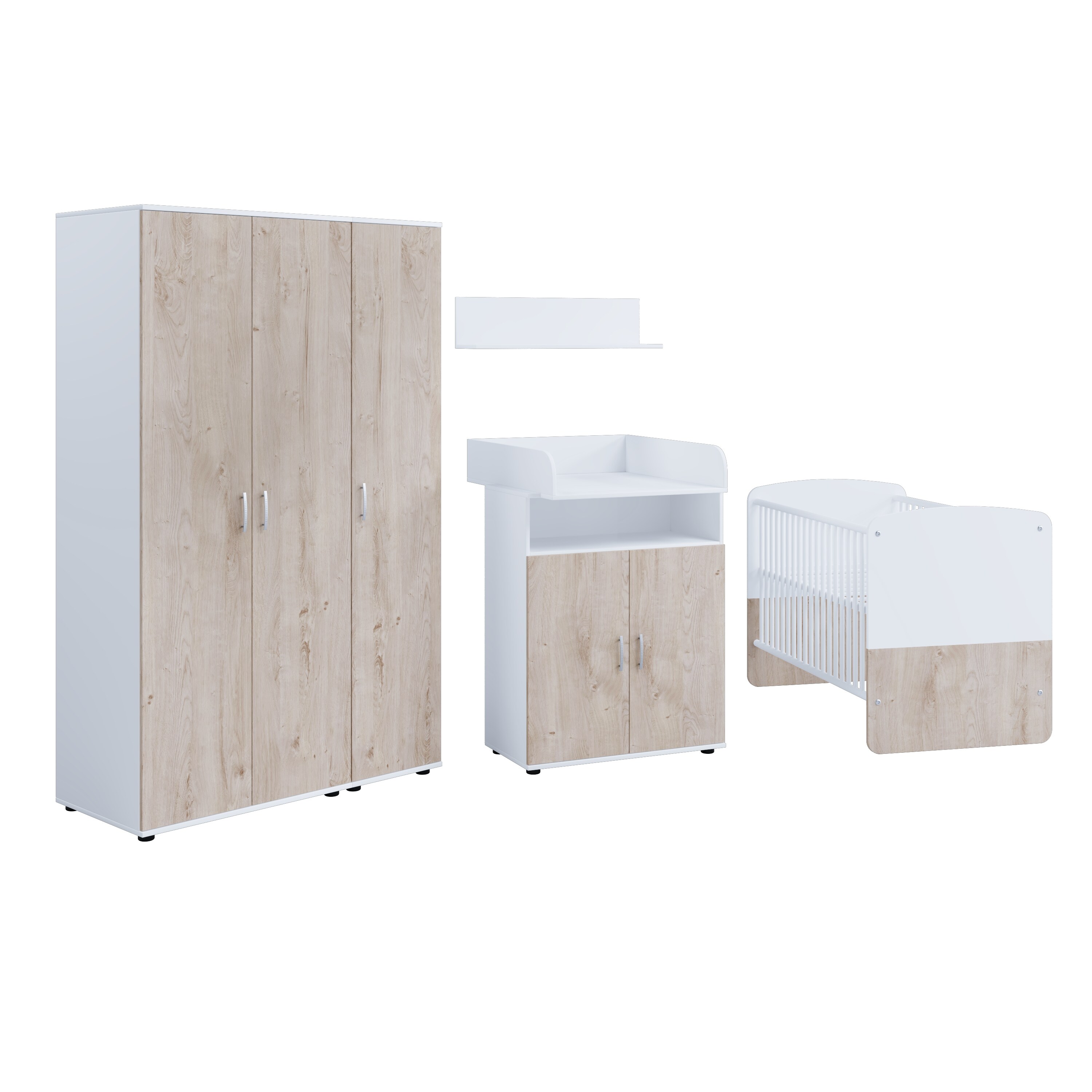 nonjoo. Babyzimmer Hanna Set 7: best. aus Babybett, Kommode, Wickelaufsatz, Wandboard und Kleiderschrank 3-trg.