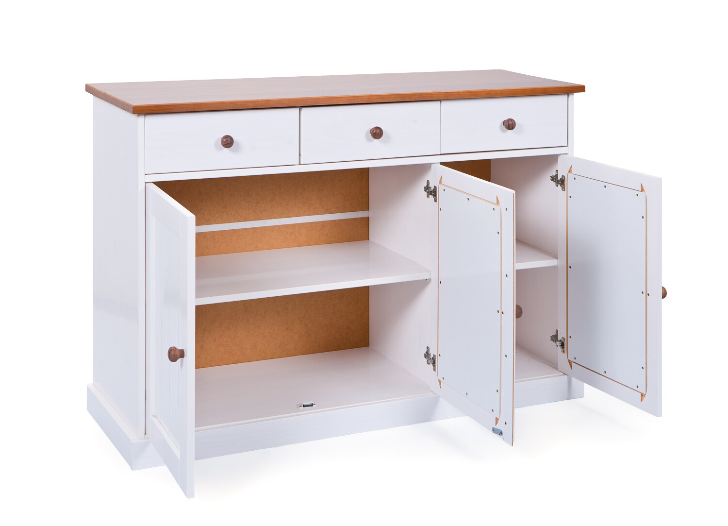 Inter Link FSC Sideboard Westerland 3 Türen und Schubladen Kiefer Massivholz weiss und sepia, braun lackiert