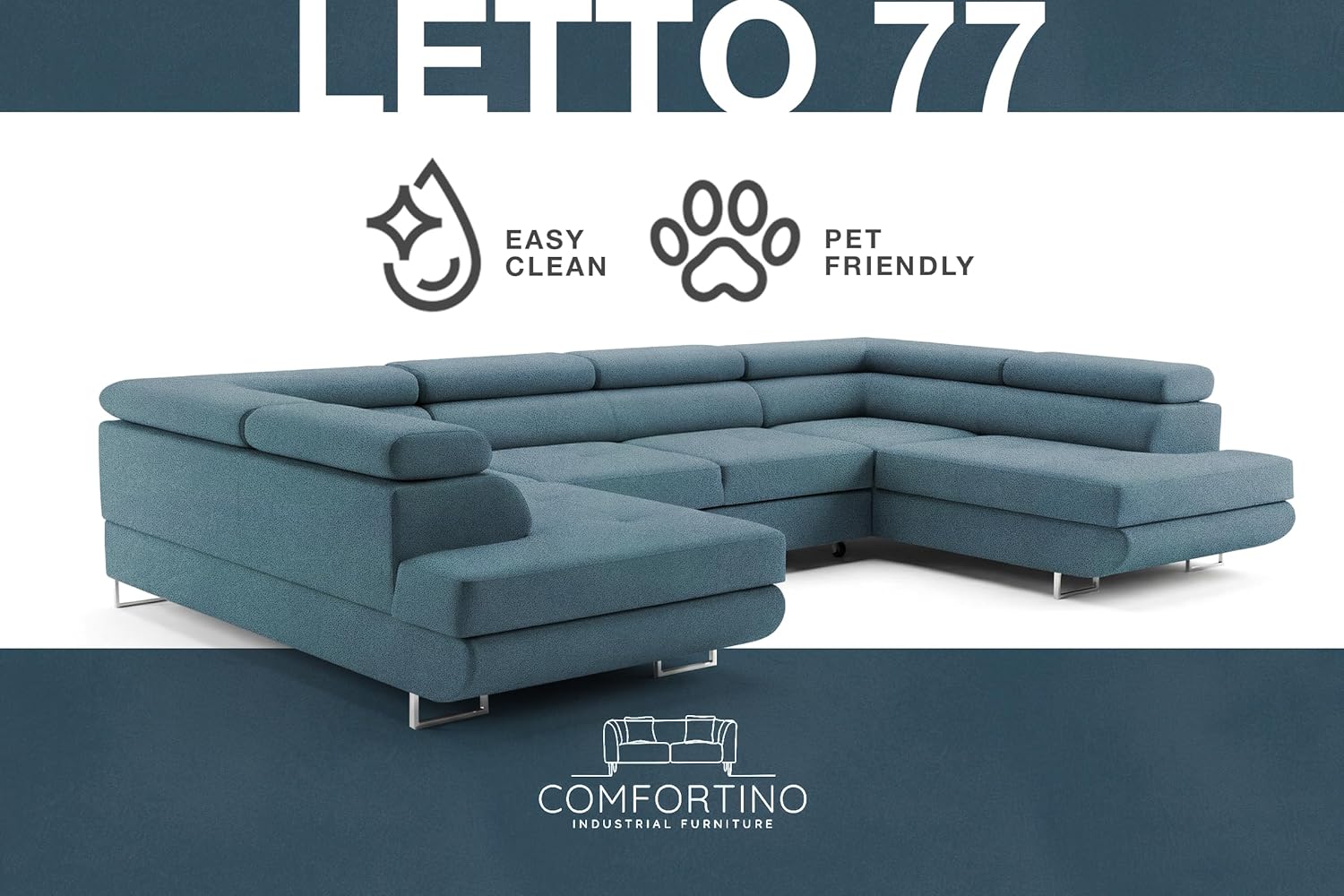 Ecksofa mit Schlaffunktion Big PASTI U-Form, Sofa Couch mit Bettkasten, 3-Sitzer Eckcouch, Schlafsofa für Wohnzimmer, Big Sofa Couch mit Schlaffunktion (Pet Friendly Edition Petrolblau)