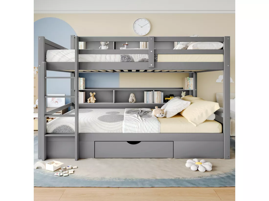 Lit superposé pour enfant 2x90x200cm - avec un tiroir et compartiments - Gris