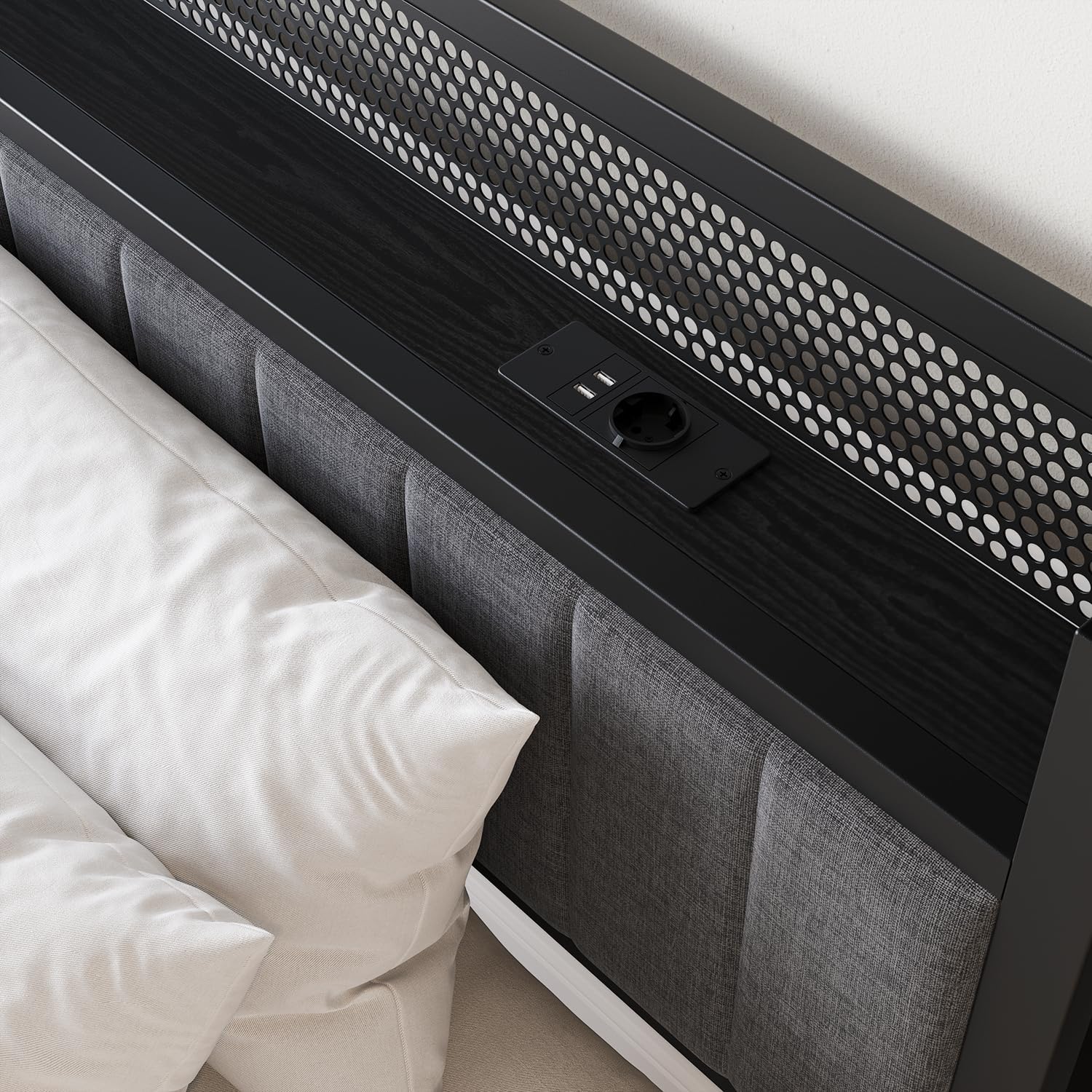 Bettrahmen mit Ladestation Doppelbett/Einzelbett Gästebett Metallbett Polsterbett 120x200 Bettgestell aus Metall,Jugendbett mit Lattenrost Kopfteil in Grau,für Schlafzimmer Gästezimmer