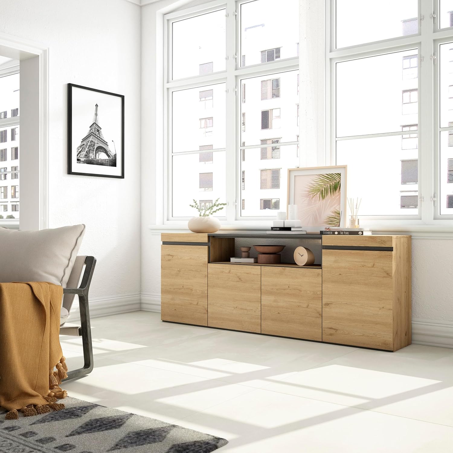 Skraut Home | Sideboard, Highboard | Kommode, Komodenschrank | 200x75x35cm | 4 Türen | Wohnzimmer, Küche | Moderner Stil | Eiche Schwarz