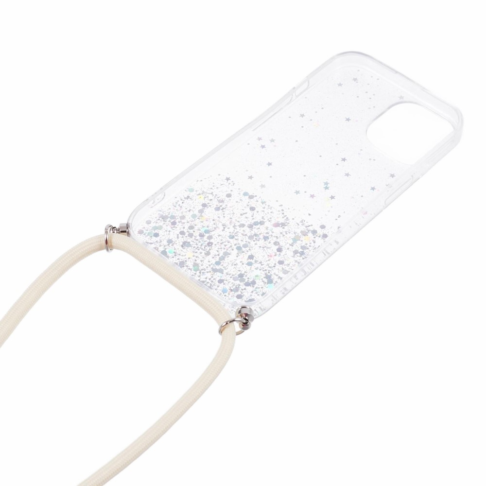iPhone 15 Necklace Gummi Hülle im Glitzer Design   Handykette (140cm) - Weiss / Transparent