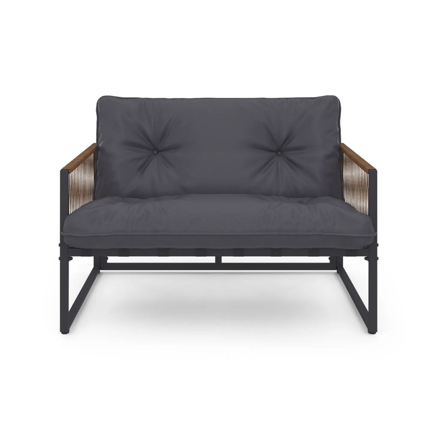 Salon de jardin bas RIO 4 places structure métal gris anthracite, cordage rotin et coussins gris