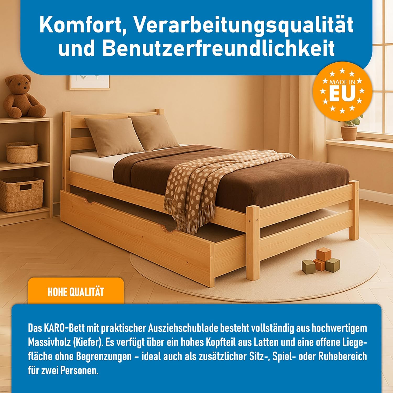 Kinderbett 80x160 cm mit Auszugbett und Lattenrost - Einzelbett aus Kiefer Massivholz - Kinder Bett Montessori – Jugendbett - ohne Matratze