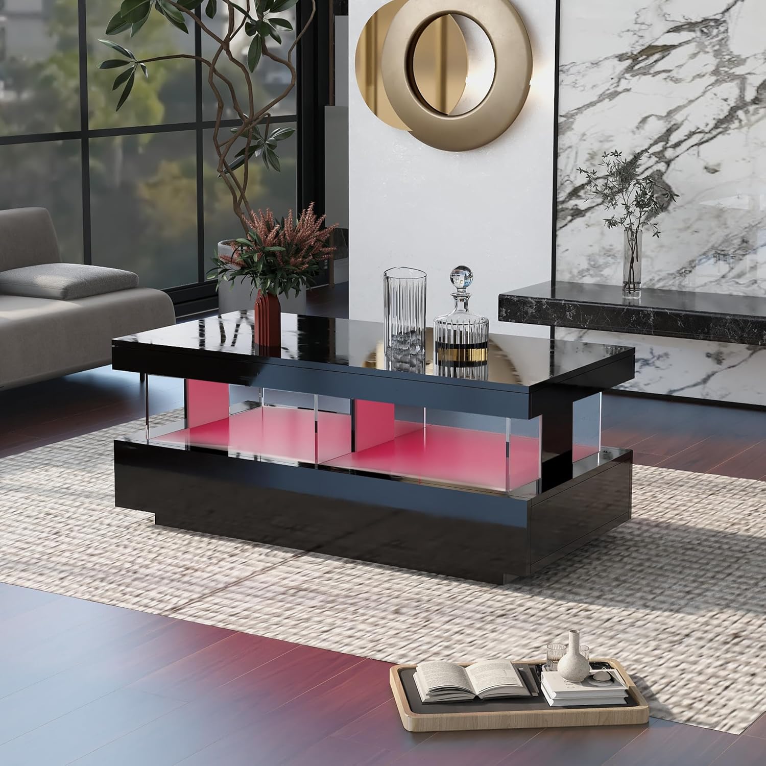 okwish Couchtisch für Wohnzimmer Holztisch Moderner Sofatisch, Schwarz Glanz Kaffeetisch mit LED-Leuchten und 2 Schubladen Lagerung für Zuhause 100 * 60 * 49.5cm