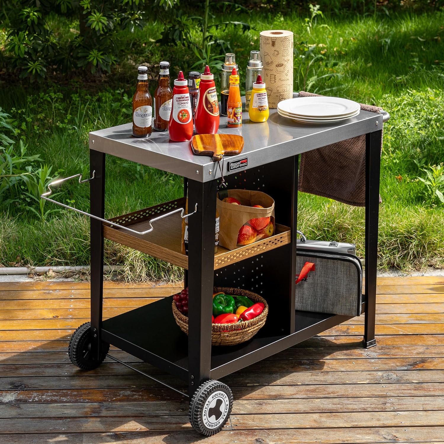 Royal Gourmet Grilltisch mit 85x50 cm Edelstahlplatte 3-Etage Grillwagen für Tischgrill und Pizzaöfen, Rollwagen mit Griffen, Müllbeutelhalter & Aufbewahrungsregalen, Einfaches Reinigen & Bewegbar