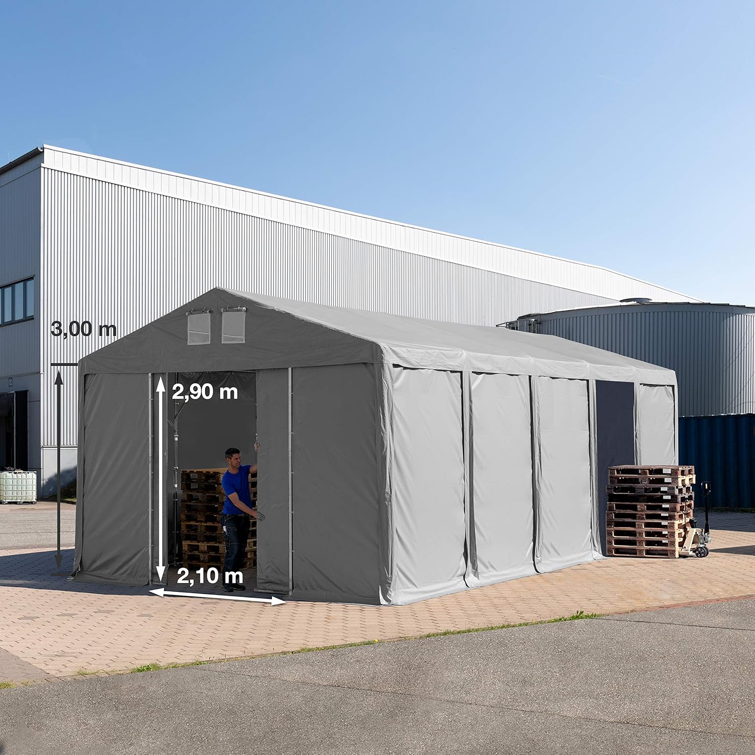 TOOLPORT Lagerzelt Industriezelt 5x10 m Zelthalle mit 3m Seitenhöhe PVC Plane 850 N grau wasserdicht Ganzjahreszelt mit Schiebetor