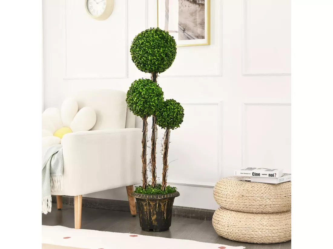 Arbre Artificiel Arbuste avec Feuilles à l'aspect Authentique 115 CM, Fausse Plante 3 Boules en Pot avec Rotin et fibre naturelle Véritable Résistance aux UV et l'eau Décoration pour Salon Balcon