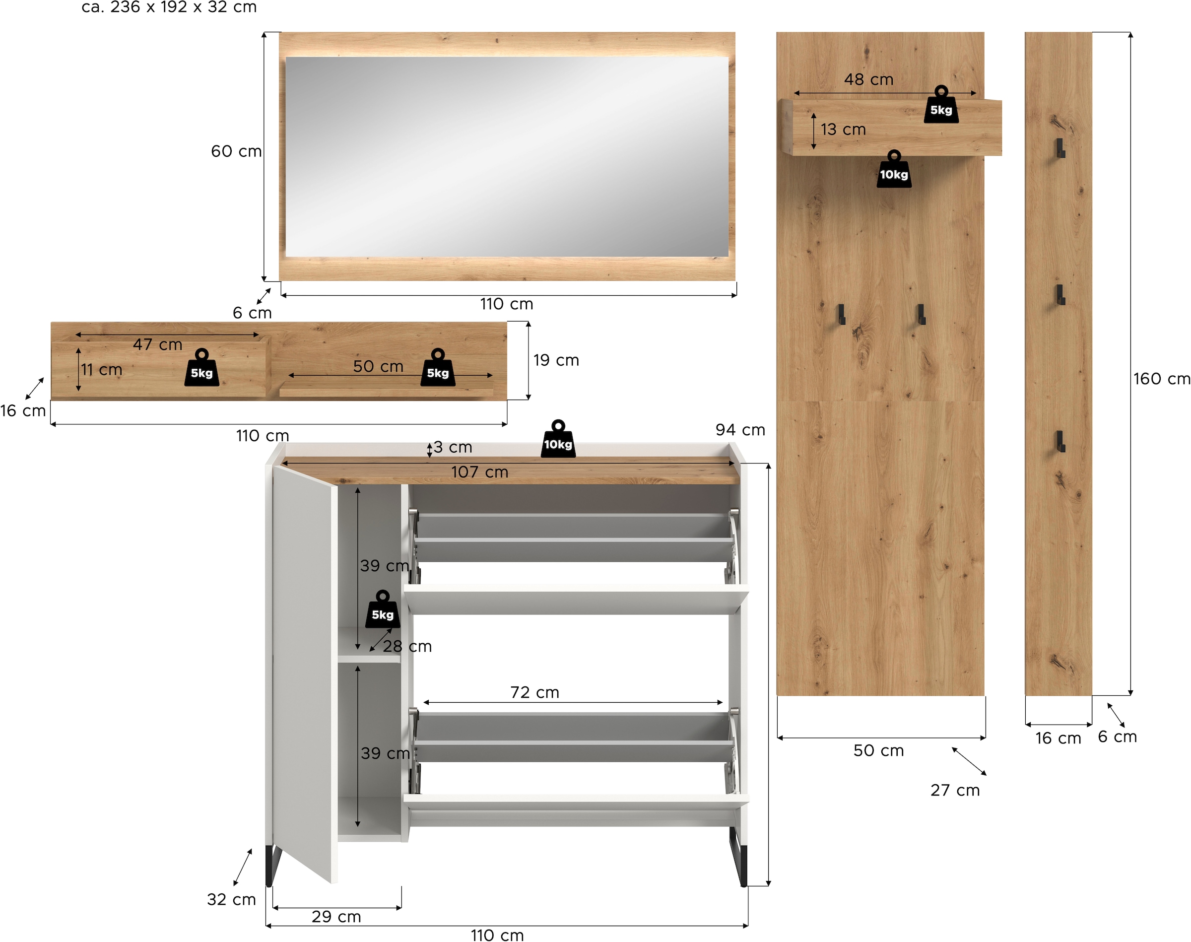 INOSIGN Garderoben-Set »EVRID, 5-teilig, Breite 236 cm, inkl. Beleuchtung« best. aus: Wandboard, Kommode, Spiegel, Garderobenpaneel, Hakenleiste, 5 Stk. tlg.