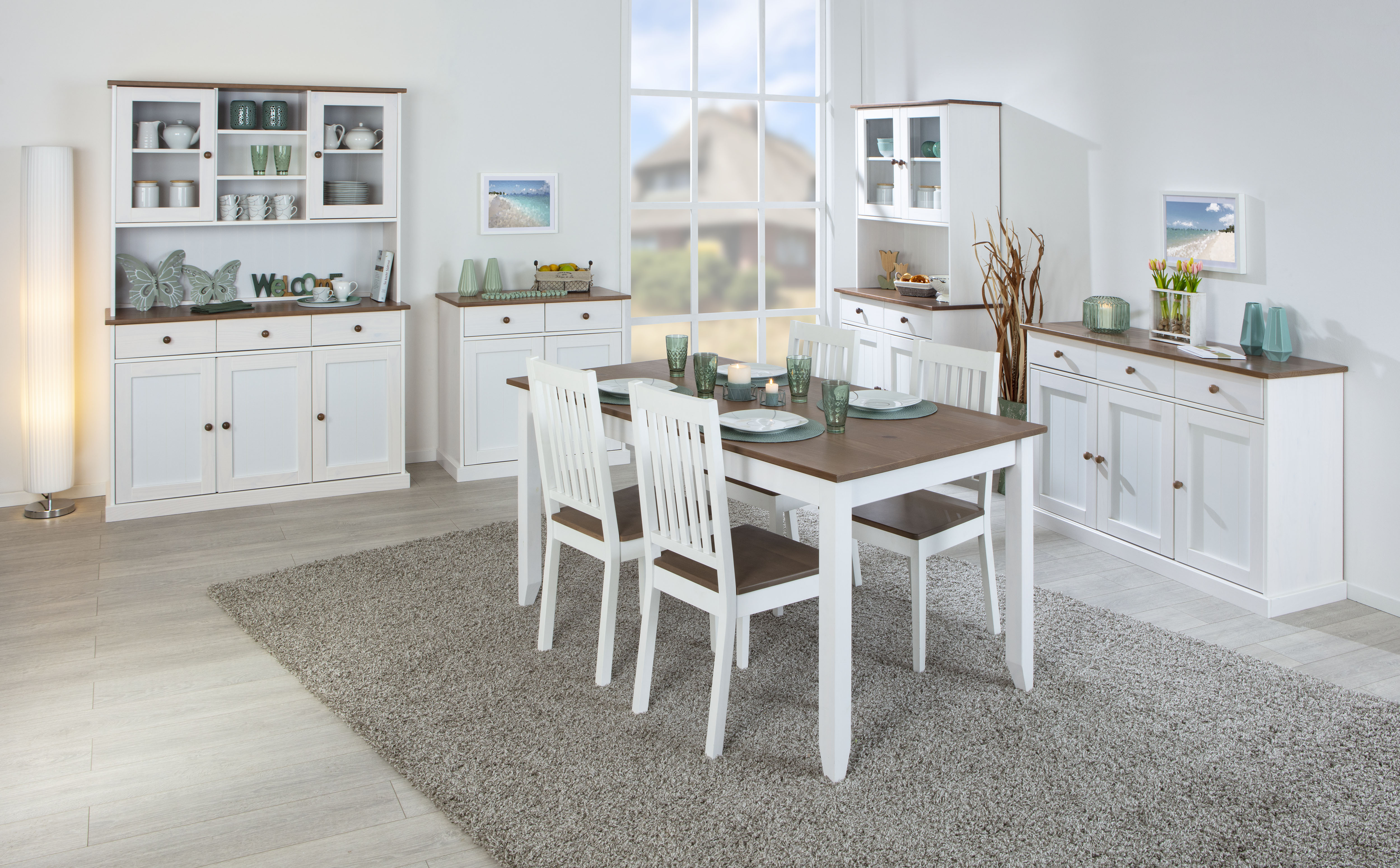 Inter Link FSC Sideboard Westerland 3 Türen und Schubladen Kiefer Massivholz weiss und sepia, braun lackiert