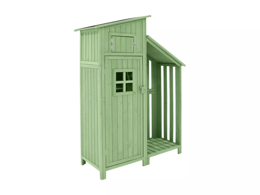 Abri de jardin en bois massif avec toit pente en PVC - 2 étagères 3 portes loquets - L124 x P46 x H174 cm - Vert
