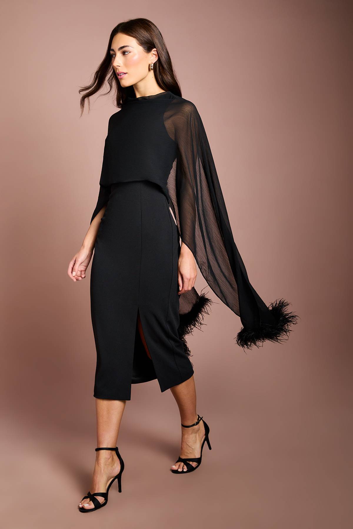 Coast Robe Midi En Crêpe Stretch Avec Écharpe En Plumes Mousseline