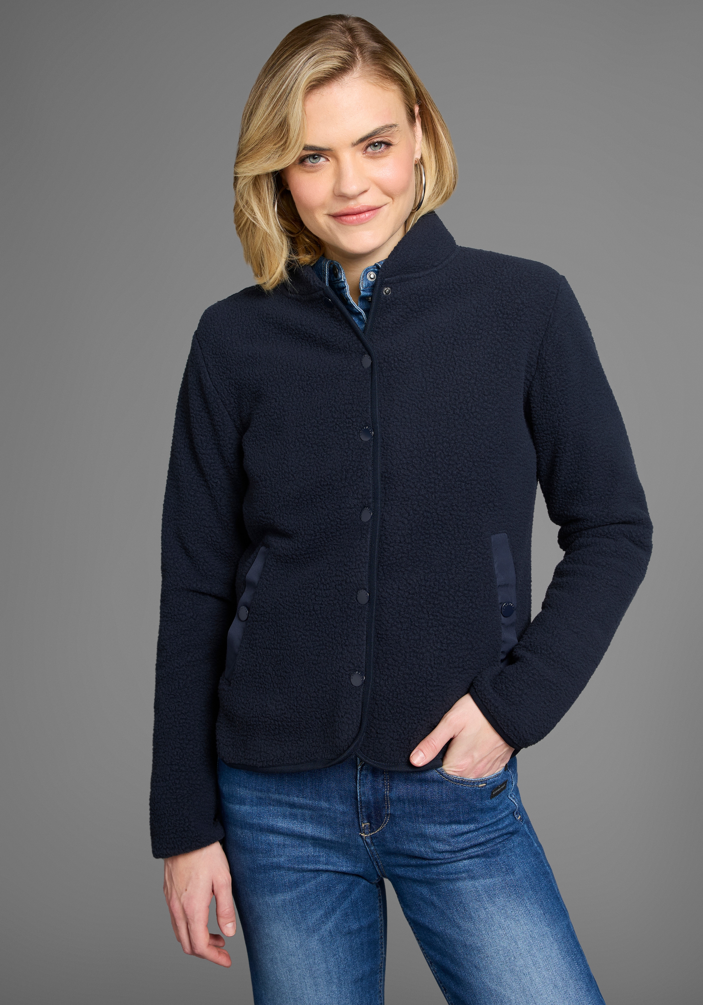 Polarino Fleecejacke ohne Kapuze aus Teddy-Fleece, Übergangsjacke mit Stehkragen und Knöpfen