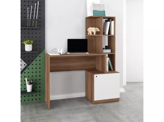 Bureau Châtaignier Blanc Bibliothèque 6 Niches et 1 Caisson Intégrés
