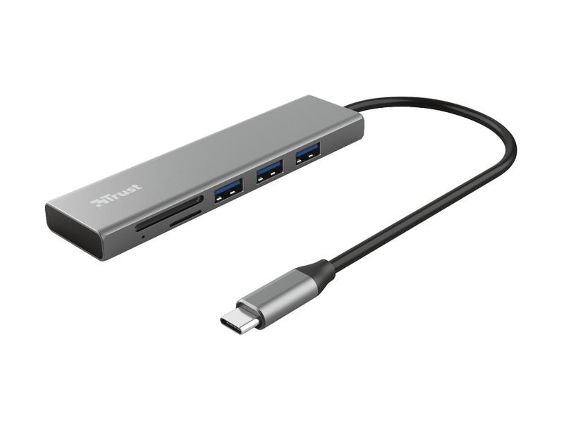Trust USB-Hub Halyx Kompakter Aluminium-USB-Hub mit 3 Anschlüssen, Micro-SD-Kartenleser und USB-C-Anschluss