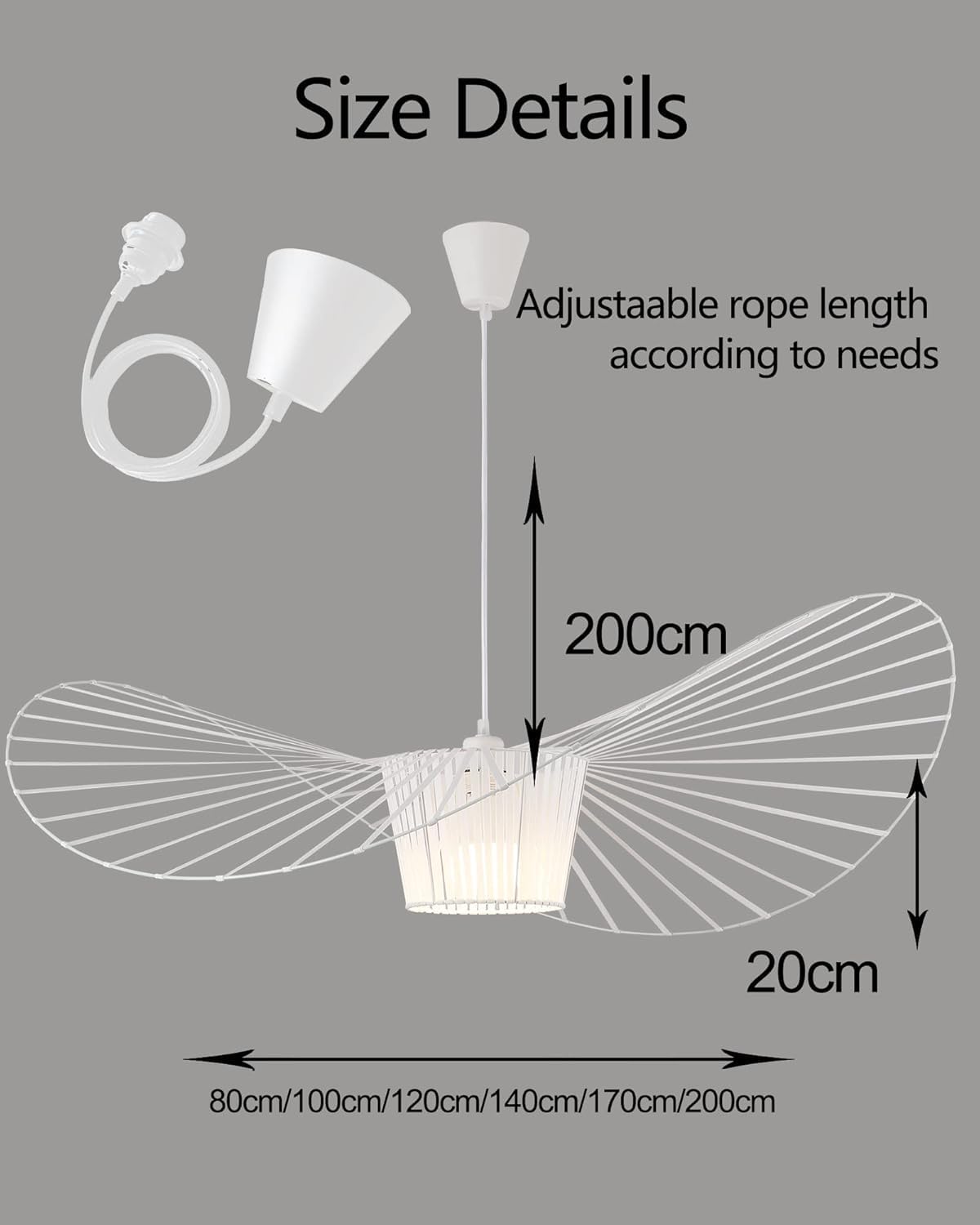 Vertigo Lampe 80Cm 100Cm 120Cm 170Cm 200cm Kronleuchter Wohnzimmer Vertigo Pendelleuchte, Modern Vintage Fiberglas+Schwarz Pu Kreative Hut Lampe, Retro Hängeleuchte Wohnzimmerlampe (Blanc, 120 cm)