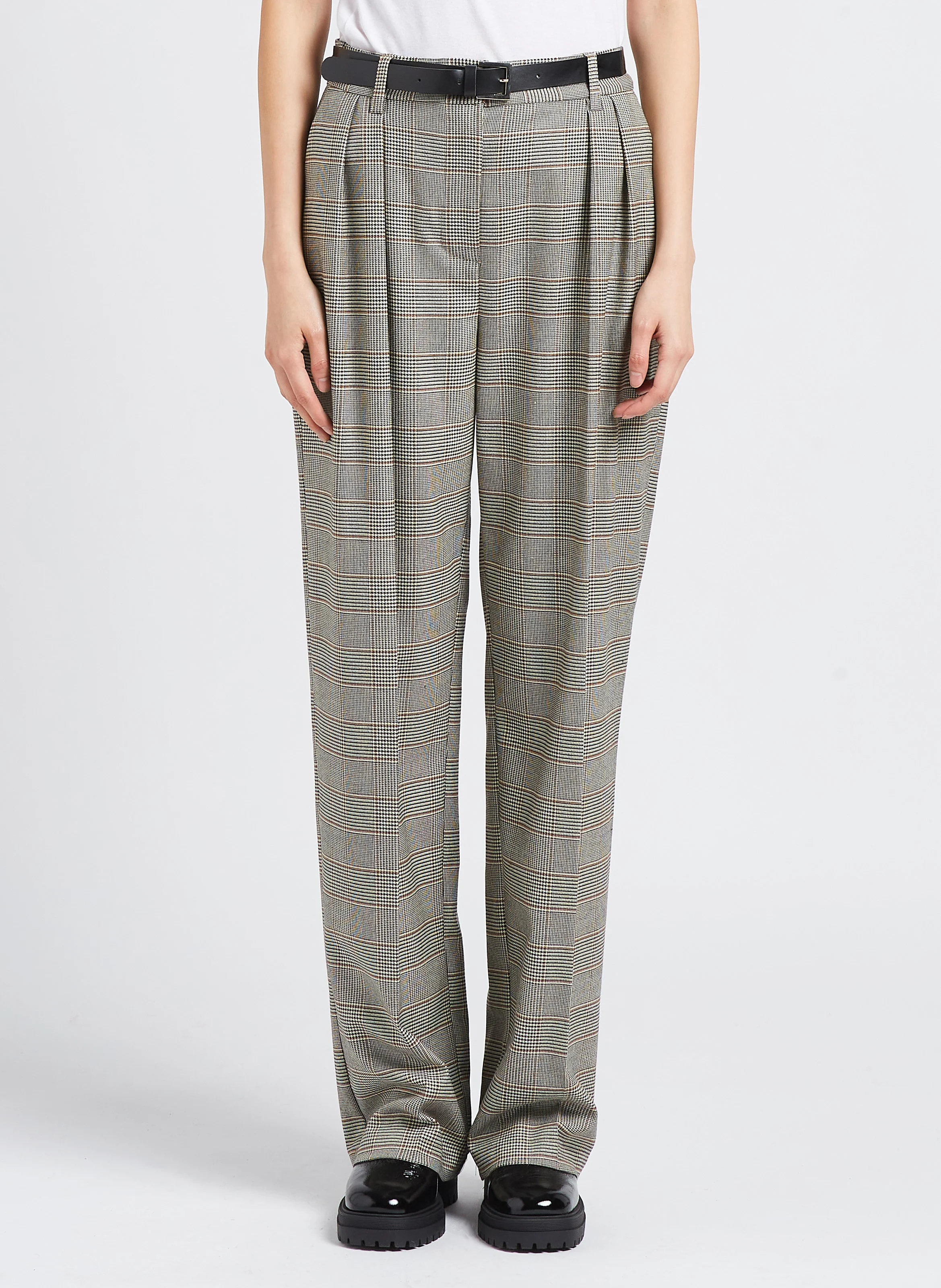 Pantalon forme palazzo à motif Prince de Galles avec ceinture | Marron