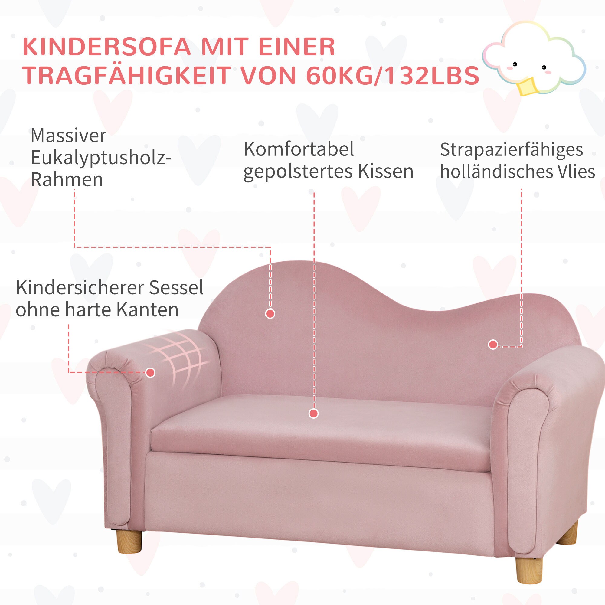 HOMCOM Kindersofa mit Stauraum rosa 84L x 41,5B x 48,5H cm