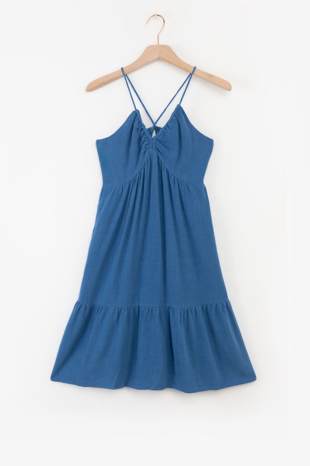 Blauwe jurk met spaghetti bandjes
