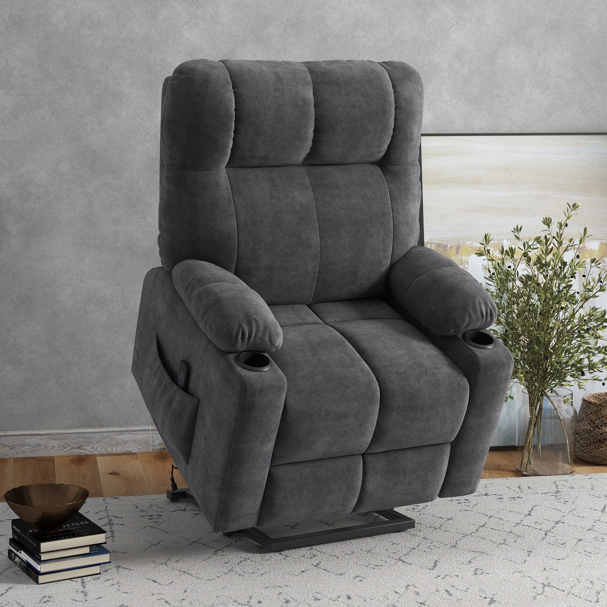 HOMCOM Aufstehsessel mit Liegefunktion und Getränkehaltern grau 91L x 95B x 109H cm