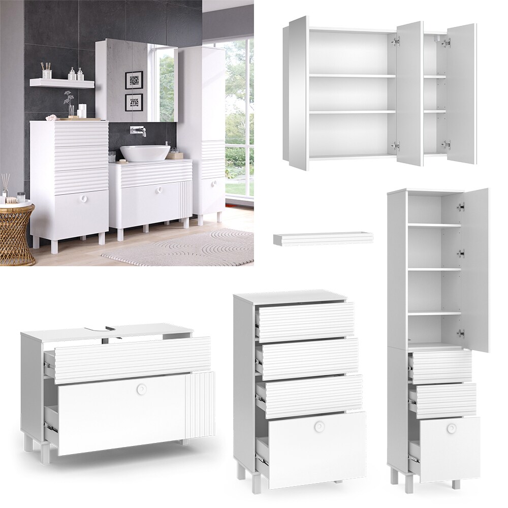 Vicco Badmöbel-Set Sola Weiß matt, moderne Serie, Badezimmer, dekorative Front Waschtischunterschrank Spiegelschrank Midischrank Hochschrank