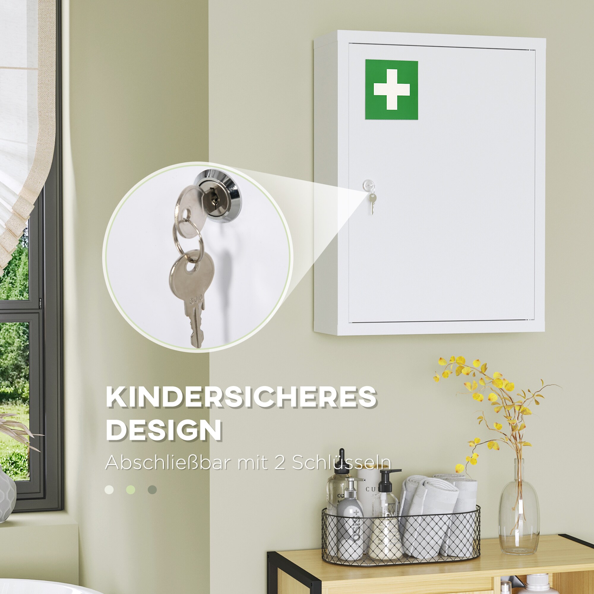 kleankin Medizinschrank mit einer Tür, drei Ebenen und Schloss weiß 40L x 15B x 53,5H cm