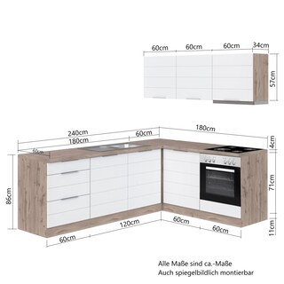Küchenzeile KOPENHAGEN 300cm Wotan Eiche Dekor/Matt-weiß