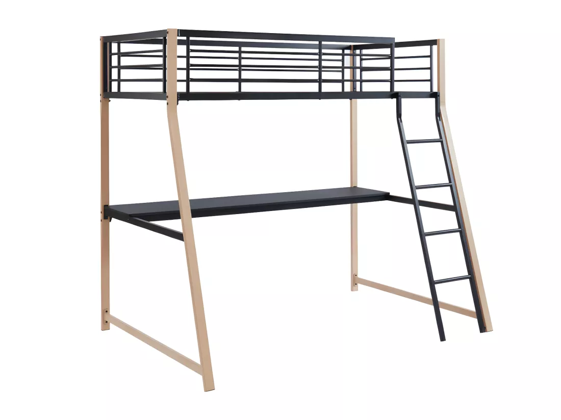 Lit mezzanine MALICIA - 90 x 190 cm - bureau intégré - Noir et chêne + matelas
