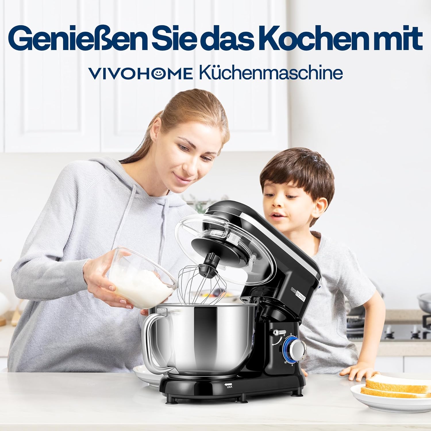 VIVOHOME Küchenmaschine 5,7L Knetmaschine 1500W Küchenmaschinen mit 10 Geschwindigkeiten Pulsfunktion Teigmaschine mit Spritzschutz Rührmaschine mit Knethaken Schneebesen und Eigelbtrenner