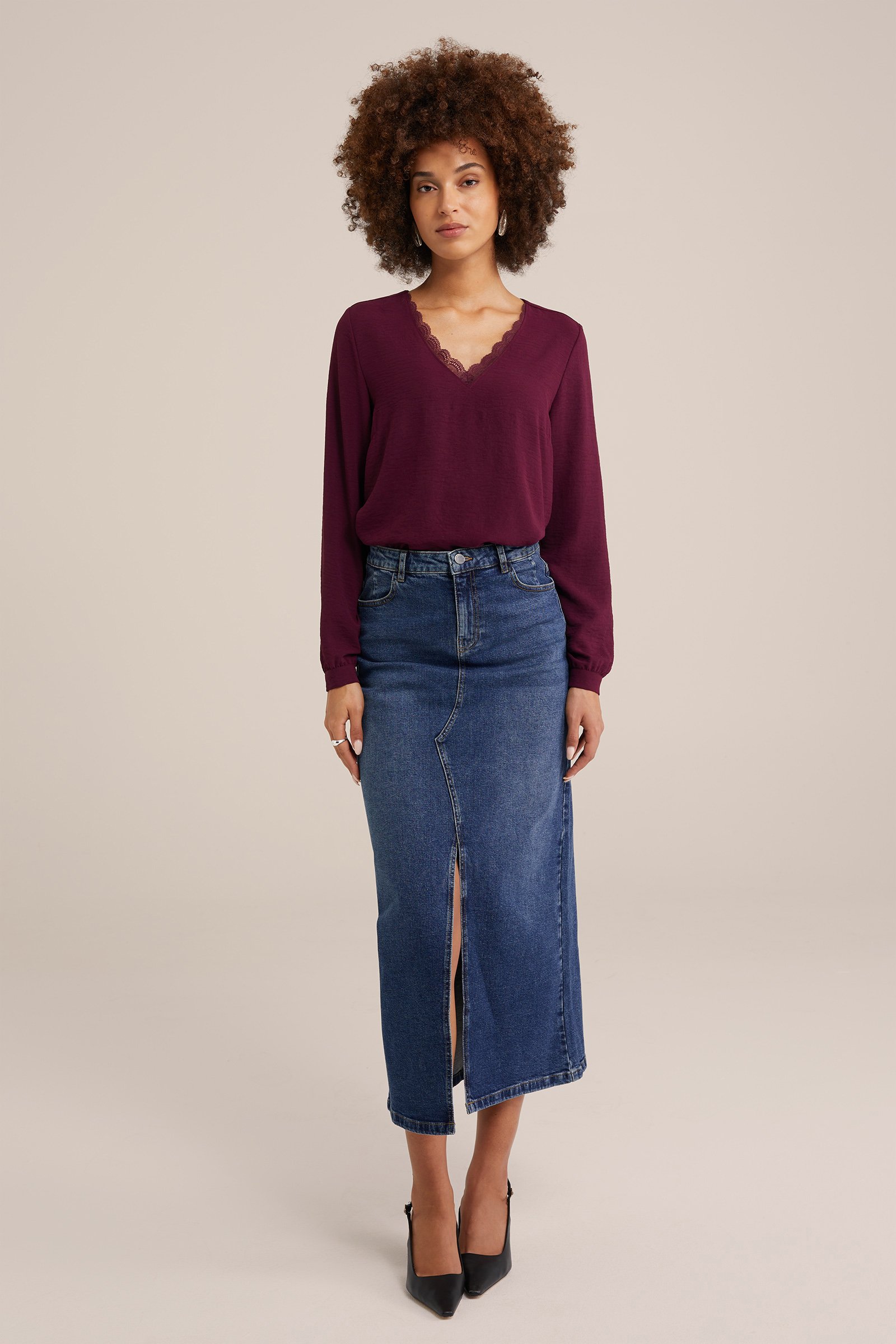 blouse met kant WE Fashion Donkerpaars
