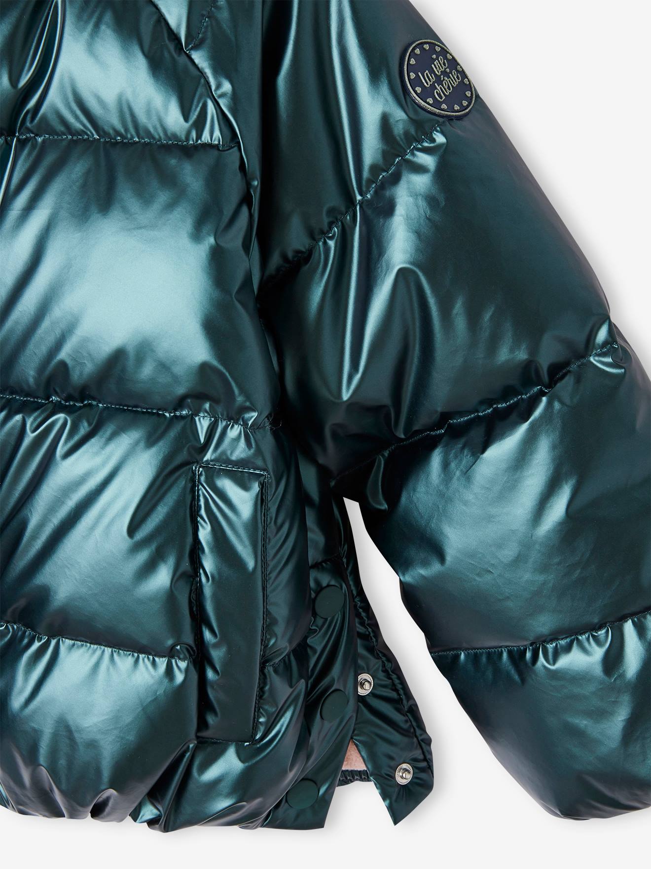 Jaqueta acolchoada com forro de lã, capuz e efeito perolado para meninas, cor off-white.